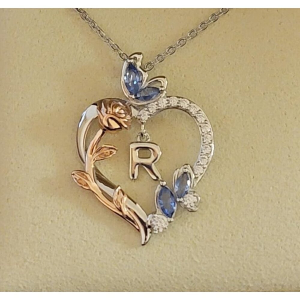 Sterling Silver Initial R Rose Heart Necklace 18+2in NWT